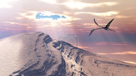 Téléchargez les photos : Ptérosaure Quetzalcoatlus survolant un paysage montagneux - en image libre de droit