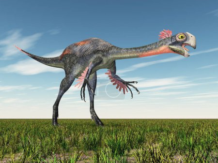 Foto de Dinosaurio Gigantoraptor en un paisaje - Imagen libre de derechos