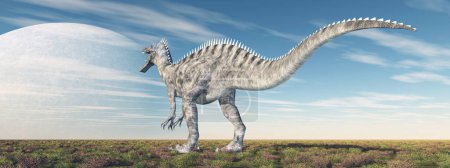 Photo for Dinosaur Suchomimus in a landscape and planet in the sky - Royalty Free Image