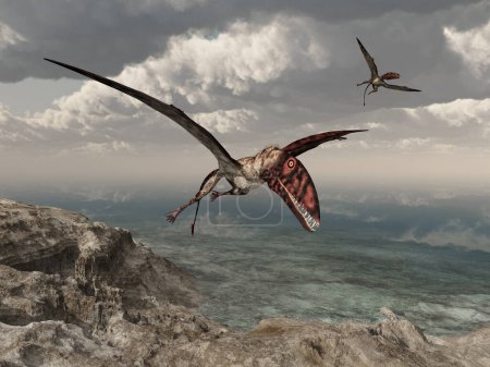 Photo for Pterosaur Dimorphodon flying over a coastal landscape - Royalty Free Image