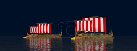 Photo for Warships of ancient Greece in the open sea at night - Royalty Free Image