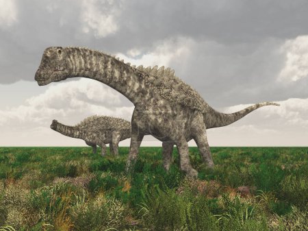 Dinosaur Ampelosaurus in a grassy landscape