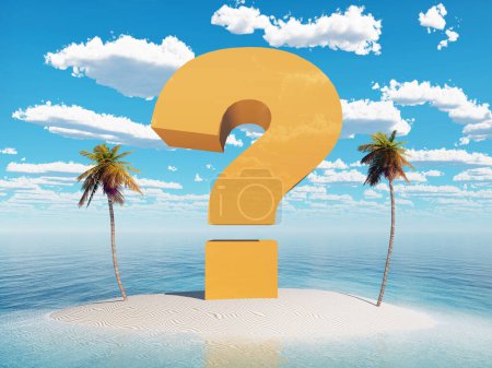 Téléchargez les photos : Symbole du point d'interrogation et palmiers sur une île en mer - en image libre de droit