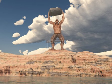 Téléchargez les photos : Le Cyclope Polyphème lance un rocher sur l'Ulysse en fuite - en image libre de droit