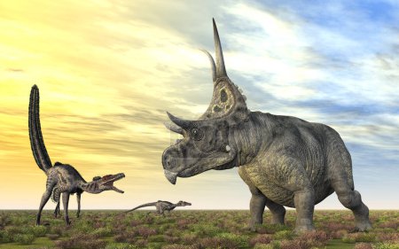 Téléchargez les photos : Velociraptor et Diabloceratops au coucher du soleil - en image libre de droit