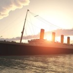Historic passenger ship RMS Titanic on the high seas at sunset