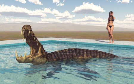 Photo for Woman in bikini at the poolside and prehistoric crocodile Kaprosuchus in the swimming pool - Royalty Free Image