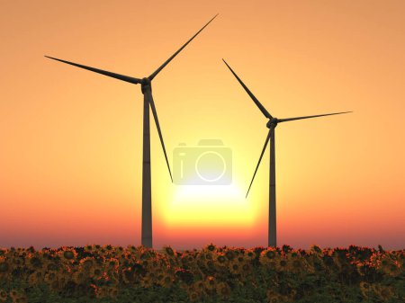 Foto de Turbinas eólicas en un campo de girasoles al atardecer - Imagen libre de derechos