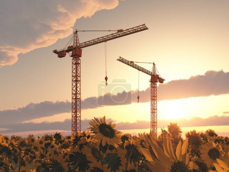Téléchargez les photos : Grues de construction dans un paysage avec tournesols au coucher du soleil - en image libre de droit