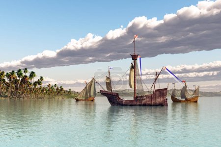 Téléchargez les photos : Santa Maria, Nina et Pinta de Christophe Colomb devant une île - en image libre de droit