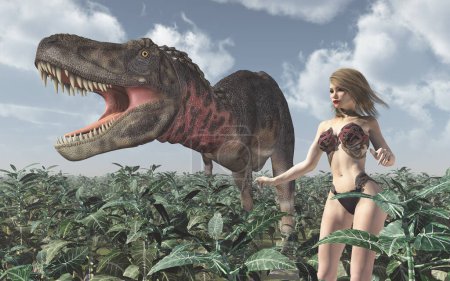 Photo for Dinosaur Tarbosaurus and young woman in a landscape - Royalty Free Image