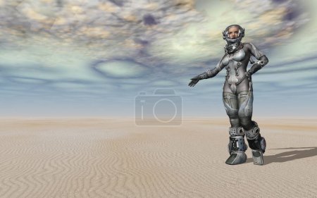 Foto de Astronauta femenina en un paisaje desértico alienígena - Imagen libre de derechos