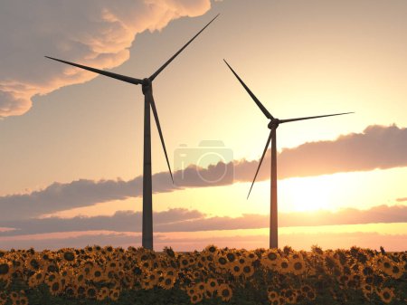 Téléchargez les photos : Des éoliennes dans un champ de tournesols au coucher du soleil - en image libre de droit