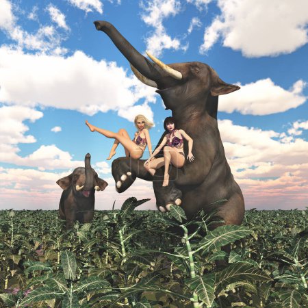 Téléchargez les photos : Jungle filles avec deux éléphants dans un paysage - en image libre de droit