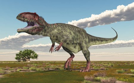 Foto de Giganotosaurio dinosaurio en un paisaje - Imagen libre de derechos