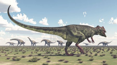 Foto de Dinosaurio Giganotosaurus y grupo de dinosaurios Argentinosaurus - Imagen libre de derechos