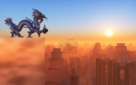 Téléchargez les photos : Statue de dragon chinois sur un gratte-ciel au-dessus d'une grande ville asiatique au coucher du soleil - en image libre de droit