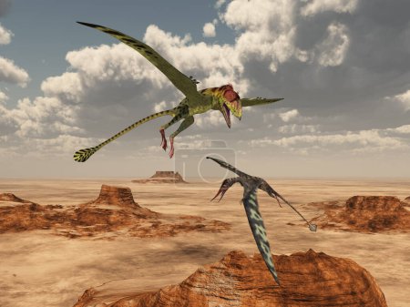 Téléchargez les photos : Ptérosaures Peteinosaurus et Rhamphorhynchus sur un paysage désertique - en image libre de droit