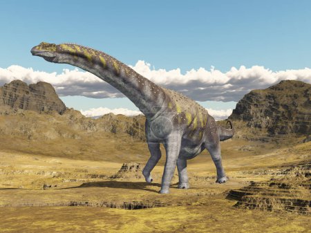 Téléchargez les photos : Dinosaure Argentinosaurus dans un paysage de montagne - en image libre de droit