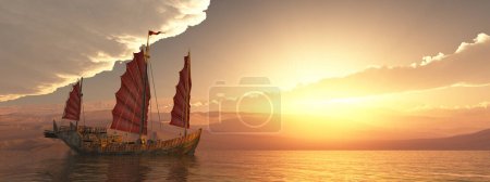 Photo for Chinese junk ship at sunset - Royalty Free Image