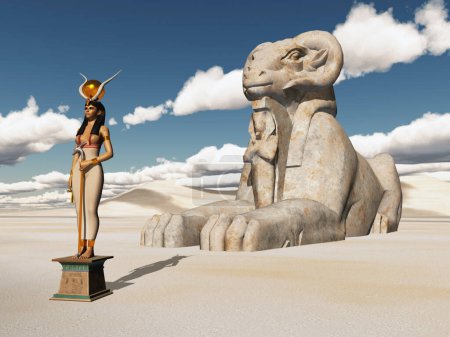 Göttin Hathor und Widder Sphinx in einer sandigen Wüste