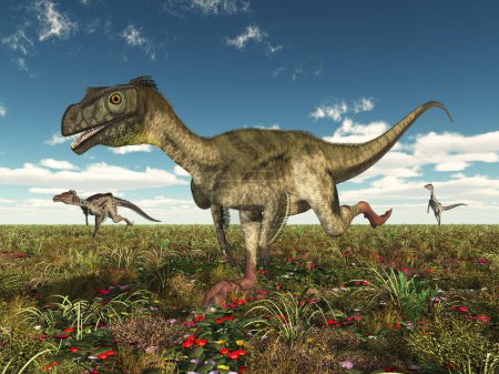 Dinosaurs Ornitholestes and Velociraptor in a landscape