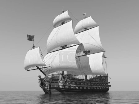 French warship of the 18th century in black and white