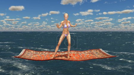 Computer generated 3D illustration with an attractive woman in bikini on a flying carpet over the sea