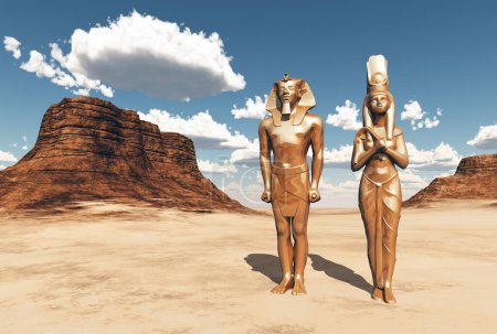Two statues from ancient Egypt in a landscape