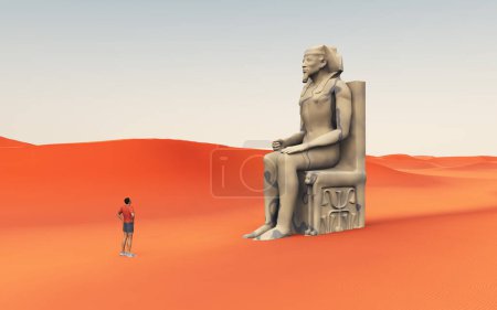 Statue from ancient Egypt in a sandy desert and discoverer