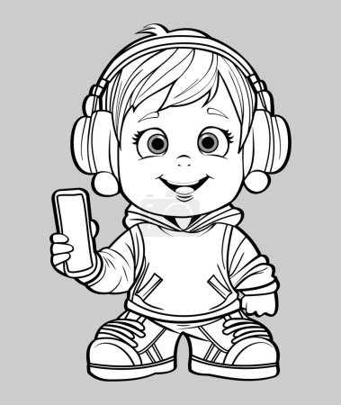 Illustration little boy with headphones and ipod cellphone listening to podcast or music cartoon style, vector