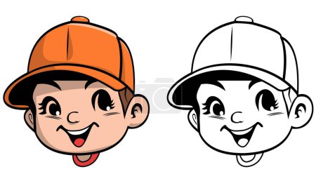 Happy smiling sporty positive cartoon boy and baseball cap vector illustration