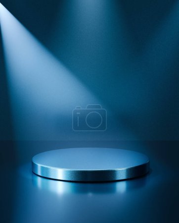 Empty blue colour metallic round podium. 3d computer graphic template of displaying place for your products. Blank template. Copy space.