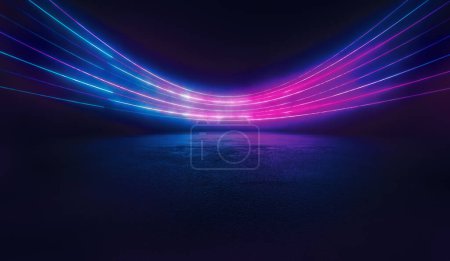 Computer graphic of flowing energy. Represented by bent colourful light streams in dark. Concrete surface reflecting lights.