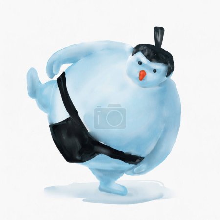 Téléchargez les photos : Snowman Sumo lutteur dans une pochette spéciale.Illustration numérique dans un style aquarelle. Bonhomme de neige drôle rester dans la pose rituelle spéciale et aller combattre Sumo. Résumé du contexte hivernal. - en image libre de droit