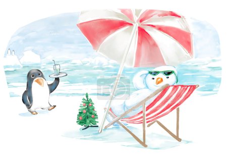 Téléchargez les photos : Joyeux Noël au Pôle Sud. Bonhomme de neige assis sur une chaise de plage sous un parapluie et célébrant Joyeux Noël sur la côte antarctique. Petit pingouin comme un serveur aller chercher une boisson. - en image libre de droit