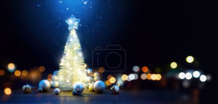 Foto de Árbol de Navidad y luz de Navidad. Banner de Navidad o diseño de tarjeta de felicitación con spac de copia - Imagen libre de derechos