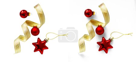 Foto de Composición navideña con cinta de oro de Navidad aislada y bola de árbol de navidad roja sobre fondo transparente. Piso tendido, vista superior - Imagen libre de derechos