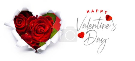 Foto de Art bouquet of red roses and the paper hearts on Valentine's Day; Banner Design elements for Valentine's Day background. Red rose flower, Decoration Red Heart and greeting text on a white background - Imagen libre de derechos