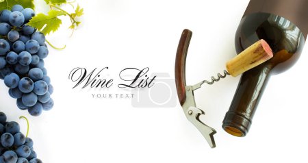 Photo for Bottles of red wine with vintage corkscrews and a cork on a white background. Design element for wine list or tasting; bunch of black wine grape - Royalty Free Image