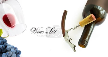 Foto de Bottles of red wine with vintage corkscrews and a cork on a white background. Design element for wine list or tasting; wineglass and bunch of black wine grape - Imagen libre de derechos