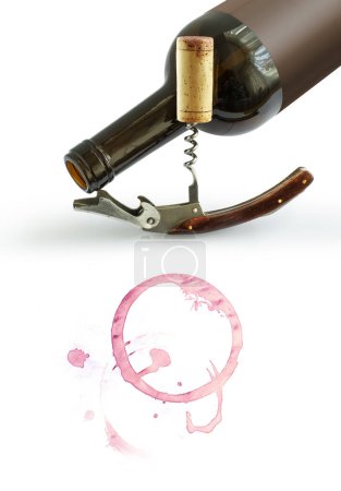 Foto de Bottles of wine with vintage corkscrews and a cork on a white background. Design element for wine list or tasting - Imagen libre de derechos