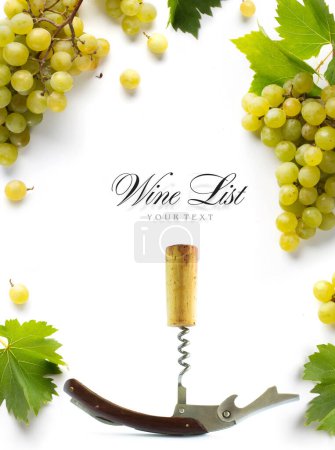 Foto de Wine list or wine card design background; sweet white grapes and bottle-scre - Imagen libre de derechos