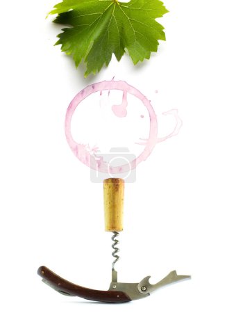 Foto de Wine list or wine card design background;  grapes leaf and bottle-screw on white backgroun - Imagen libre de derechos