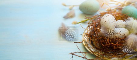 Photo for Easter composition on blue wooden background - Royalty Free Image