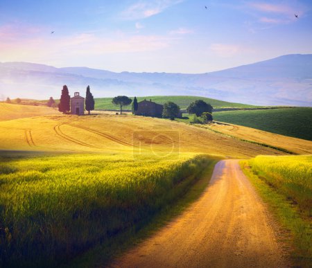 Téléchargez les photos : Campagne Toscane italienne Panorama du champ vert d'été avec route de terre et ciel bleu nuageux. Beau paysage rural d'été italien; - en image libre de droit