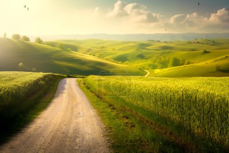 Téléchargez les photos : Beau paysage rural de montagne d'été ; Panorama du champ vert d'été avec route de terre et ciel nuageux au coucher du soleil - en image libre de droit