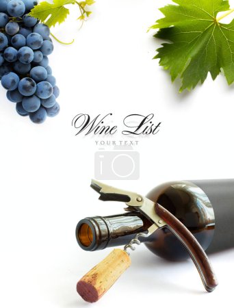Foto de Botella de vino con sacacorchos y racimo de uvas sobre fondo blanco. Vista superior panorámica con espacio para tex - Imagen libre de derechos