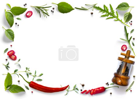 Foto de Hierba fresca de romero y chile rojo sobre fondo blanco. Ingrediente, especia para cocinar. colección para el diseño - Imagen libre de derechos