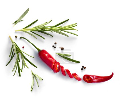 Foto de Hierba fresca de romero y chile rojo sobre fondo blanco. Ingrediente, especia para cocinar. colección para el diseño - Imagen libre de derechos